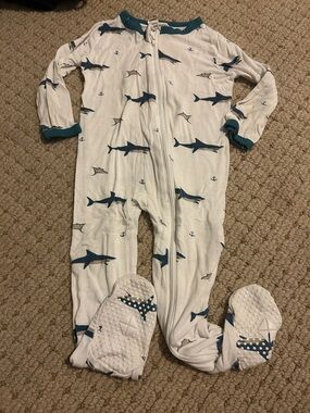 Kyte BABY White Footed One-Piece with Teal Shark Print